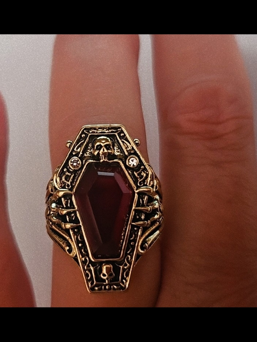 Coffin Ring with Red Gemstone